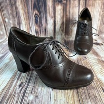 Clarks Womens Size 9.5 M Brown Leather Cap Toe Lace Up Ankle Booties Boots Heels - £22.53 GBP