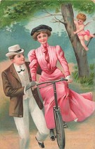 Finely Dressed COUPLE-CUPID Watches Romantic Bicycle LESSON~1910s Postcard - £9.71 GBP