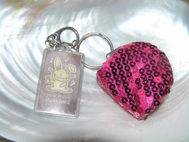 Used Lot of 2 Fuchsia Pink Sequin Pouch &amp; Plastic Holographic Rabbit Key Chain  - £4.72 GBP