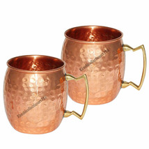 Hammered Copper Moscow Mule Drinking Mug Brass Handle Health Benefits Set of 2 - £21.59 GBP