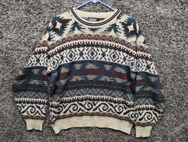 Vintage Design Crew Knit Busy Sweater Adult XL Blue Acrylic Fair Isle Cr... - £29.60 GBP