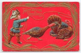 Thanksgiving Greeting Boy Roping Turkey Gold Gilt Postcard V21 - £10.37 GBP