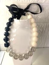 Bobble Beaded Lucite Black White Color Ribbon Tie Strand Statement Necklace - £13.23 GBP