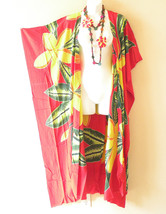 CD584 Red Kimono Hand Painted Batik Plus Open Duster Maxi Cardigan up to 5X - £23.37 GBP