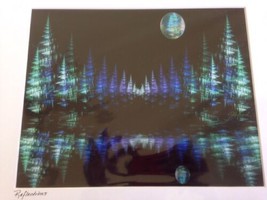 Modern Abstract Pine Trees Moon Nature Digital Drawing Print Matted Deb Booth - £16.06 GBP