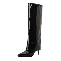 New Luxury Black Fold Knee High wide tube Boots Women Slip-on Thin Heel Boots Po - £59.82 GBP