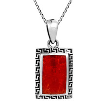 Synthetic Coral Greek Key Frame .925 Silver Necklace - £21.72 GBP