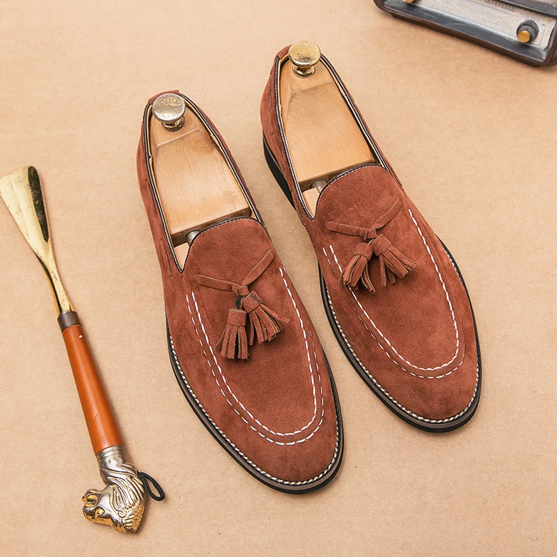 New Loafers Casual Shoes Flock Brown Breathable Slip-On Tassels Spring M... - $89.00