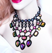 Multi Color Statement Necklace, Gothic Rhinestone Necklace, Steampunk Pageant Je - £40.04 GBP