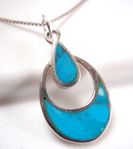 Blue Turquoise Inlay Sterling Silver Pendant Double Teardrop Corona Sun Jewelry - £12.65 GBP