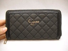 Guess Large Wallet Zipper Quilted Design Silver Accents Tan Green Lining Pocket - £21.91 GBP