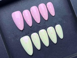 Pastel Polka Dot Press-On Nails – Pink &amp; Mint Green Cute Dot Design Arti... - $23.99