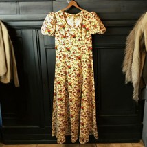 Vintage 70&#39;s Handmade Floral Velvet Maxi Dress Puff Sleeves Prairie Boho M/L - £40.50 GBP