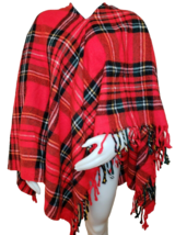 Vintage Fringe Poncho Red Tartan Plaid Wearable Stadium Blanket Washable... - $26.86