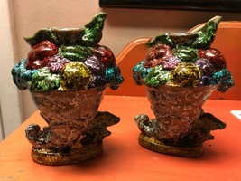 Pair New Orleans Pottery candleholders vases exceptional Mardi Gras Colors Style - £56.90 GBP