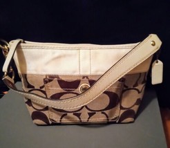 Coach Signature Handbag M0771-11688 Medium Size Leather &amp; Canvas Khaki Cream - £23.88 GBP