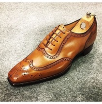 Handmade Tan Brown Wingtip Oxford Shoes, Men&#39;s Genuine Leather Lace Up S... - £127.09 GBP