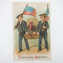 Thanksgiving Postcard Boys Wild Turkey American Flag Gold Embossed Antique 1908 - £7.94 GBP
