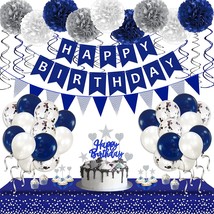 Navy Blue Silver Birthday Decorations For Men, Blue Birthday Party Supplies With - £23.48 GBP