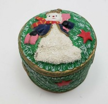 Vintage Snowman textured green round trinket antique 3&quot; - £15.62 GBP