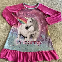 Girls Pink Blue Unicorn Rainbow Raglan Fleece Long Sleeve Nightgown 6 - $6.37