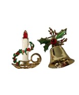 2 Vtg Christmas Holly Berry Leaf Candle Bell Brooches Red Gold Green Whi... - £14.67 GBP