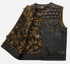 Men&#39;s Leather Vest Custom Made Gold Paisley Liner Motorcycle Waistcoat - £61.14 GBP+