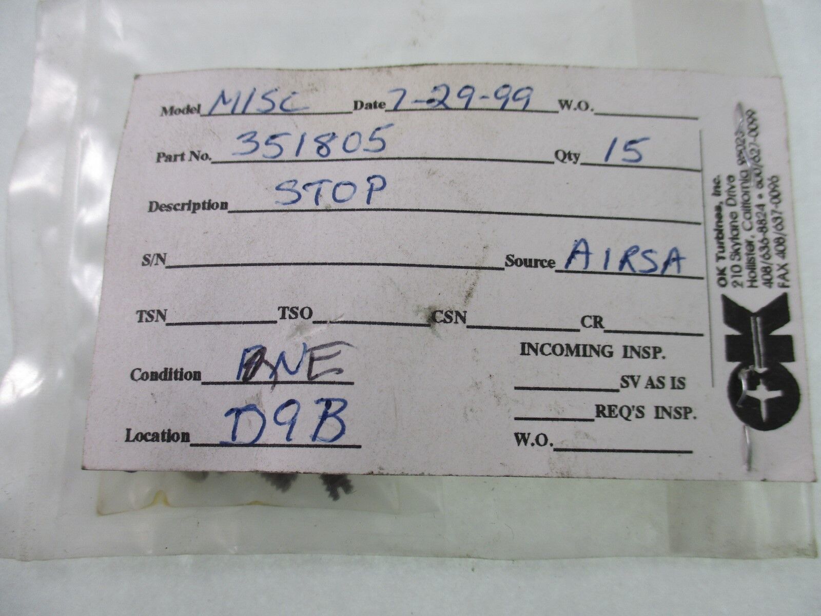 Aircraft Part 351805 Stop Qty 15 New - $8.95