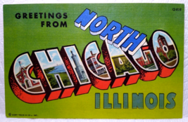 Greetings From North Chicago Illinois Large Letter Postcard Linen Curt Teich - £12.81 GBP