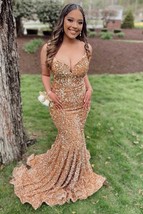 Gold Sequin V-Neck Lace-Up Mermaid Long Prom Gown,Best Prom Dresses - £115.10 GBP