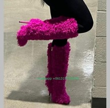 Lady fuchsia color fur desigbn knee boots size 46 feather curly design pointed t - £169.13 GBP