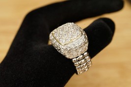 Costume Jewelry Silver Tone Pave Rhinestone Square Top Ring Size 7-10 Adjustable - £11.86 GBP