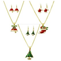 Christmas Necklace Pendant Tree Sock Bell Goldtone with Earrings, 24+2&quot; - £7.24 GBP