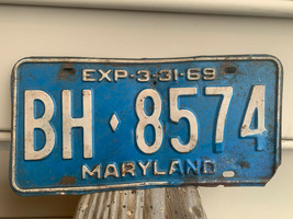 Vtg Rusty 1969 BH 8574 Maryland Vehicle License Plate Exp 3-31-69 Blue &amp;... - £23.73 GBP