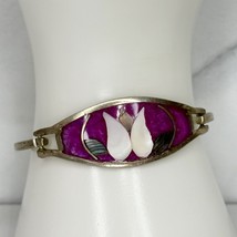 Vintage Alpaca Mexico Silver Tone Mother of Pearl Flower Inlay Bangle Br... - $24.74