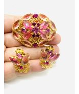 Vintage Open Back Gold Tone Pink Rhinestone Brooch And Clip On Earrings  - $102.64