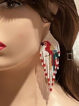 Scarlet Macaw Bird Fringe Seed Bead Earrings - Czech Glass - Handmade - £58.66 GBP