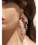 Scarlet Macaw Bird Fringe Seed Bead Earrings - Czech Glass - Handmade - £59.27 GBP