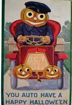 Halloween Postcard Fantasy Goblin Pumpkin Cab Car Driver JOL Headlights 1908 - £43.94 GBP