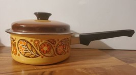Vintage 70&#39;s Enamel Coated Pan With Lid Floral Pot 1 quart - £29.70 GBP