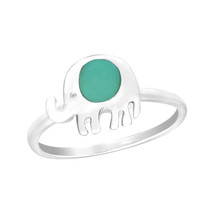 Tiny Cute Little Elephant w/ Simulated Green Turquoise Sterling Silver Ring - 6 - £9.30 GBP