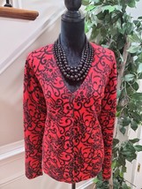 Sag Harbor Women&#39;s Red Floral Acrylic Long Sleeve Buttons Front Knit Car... - $23.00