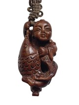 Lucky God Buddha Hand Carved Necklace Charm Buddhism Asian Antique Rosewood - £38.36 GBP