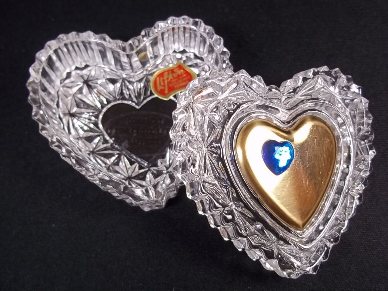 Lefton lead crystal heart trinket box Blue Sapphire Sept gold heart lid 1993 - $13.00
