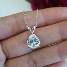 2Ct Pear Cut Real Moissanite Solitaire Pendant 18&quot; Chain 925 Sterling Silver - £86.32 GBP