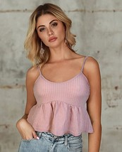 Women&#39;s V Neck Ruffle Hem Crop Spaghetti Strap Peplum Camisole, Pink, L - £6.22 GBP