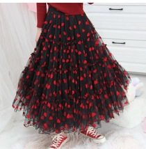 BLACK Layered Tulle Midi Skirt Heart Pattern Women Romantic Holiday Tulle Skirt image 5