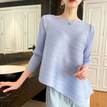 C Woman t-shirts Tops Miyake Pleated Fashion Solid O-neck 3/4 Sleeve Loose Femal - £114.20 GBP