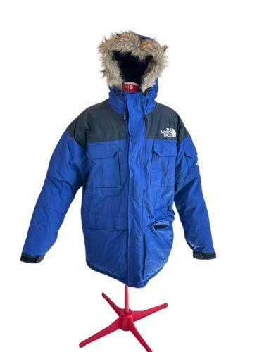 The North Face XL Goose Down Puffer Parka Coat Faux Fur Hood VTG Blue Cold Snow - £119.39 GBP