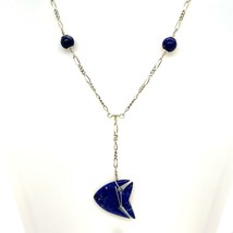 Vtg Sterling Signed 925 Station Lapis Lazuli Bead Lariat Fish Pendant Necklace - £51.43 GBP